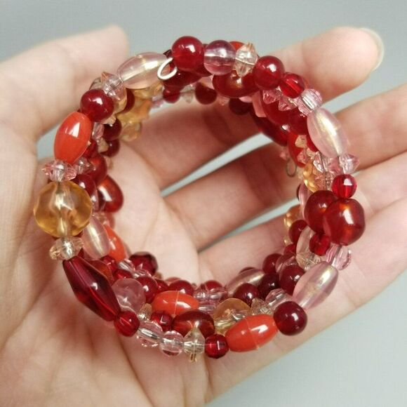 Vintage Red and Pink Memory Wire Coiled Bangle Bracelet, Wide Chunky Estate - Picture 3 of 7